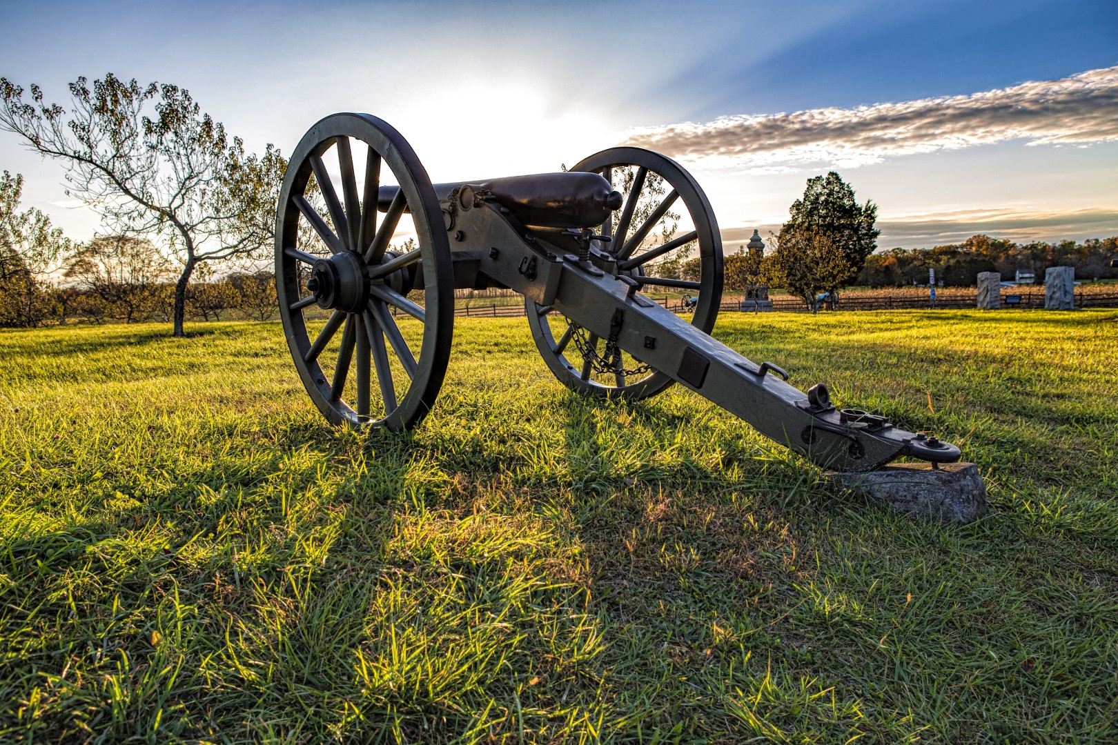 A Civil War Cannon stands guard at the Gettysburg National Battlefield in Gettysburg Pennsylvania