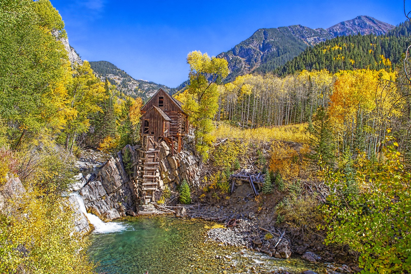 Crystal Mill in Crystal Colorado at peak Aspen season in the Fall.