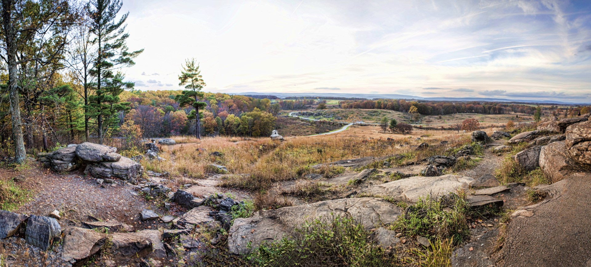 The view from the top of Little Round Top at the Gettysburg National Battlefield in Gettysburg Pennsylvania
