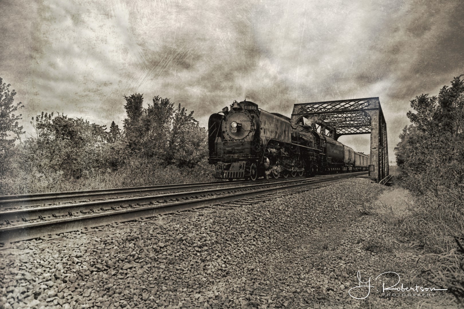 Union Pacific 844 crosses a bridge west of Kansas City Kansas
